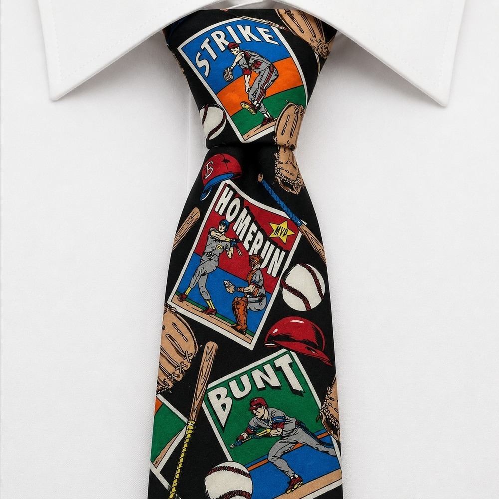 Addiction Baseball Card Silk Tie Mens OS Black Multi Vintage‎ Novelty Sports